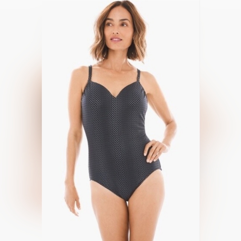 Chico’s Swim Animal Foil Black Gray Sweetheart Mio One Piece Swimsuit Sz 16 NWT